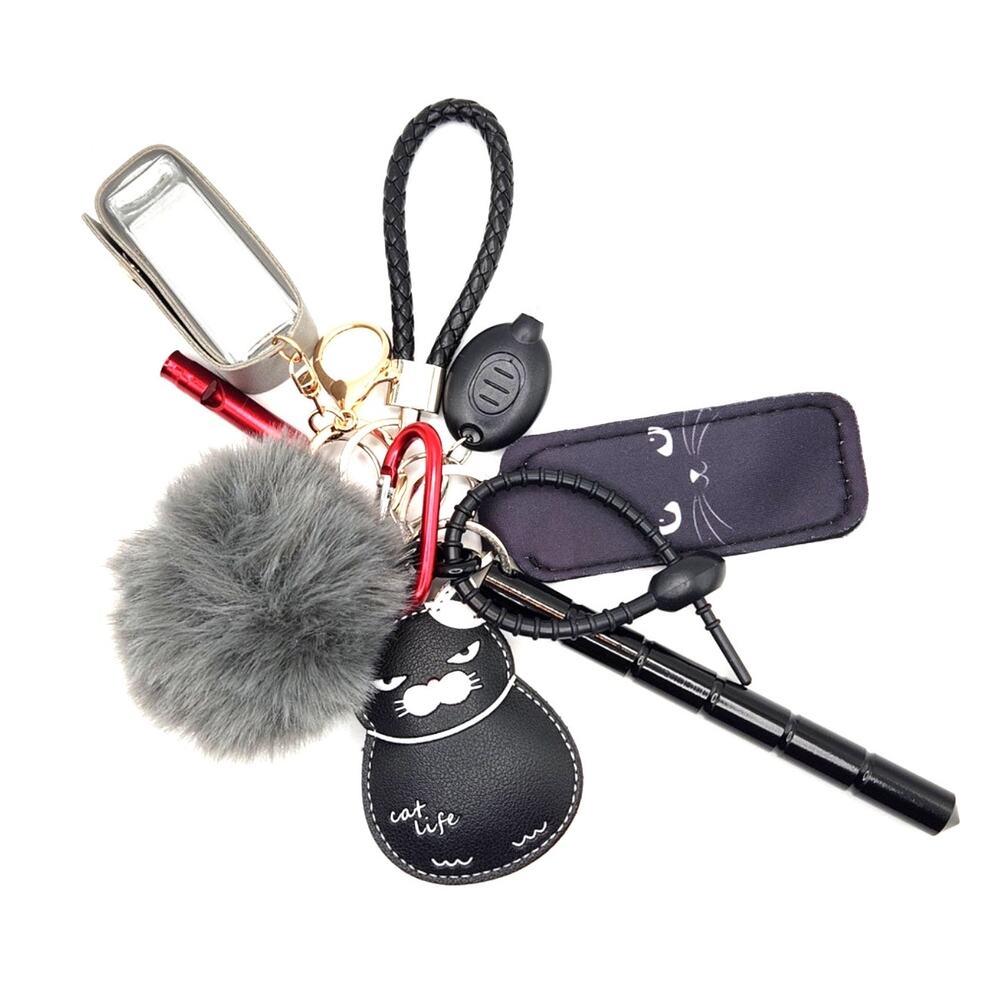 Cat Life Keychain Safety Set with Faux Fur Pom Pom, Sanitizer Holder, Kubotan